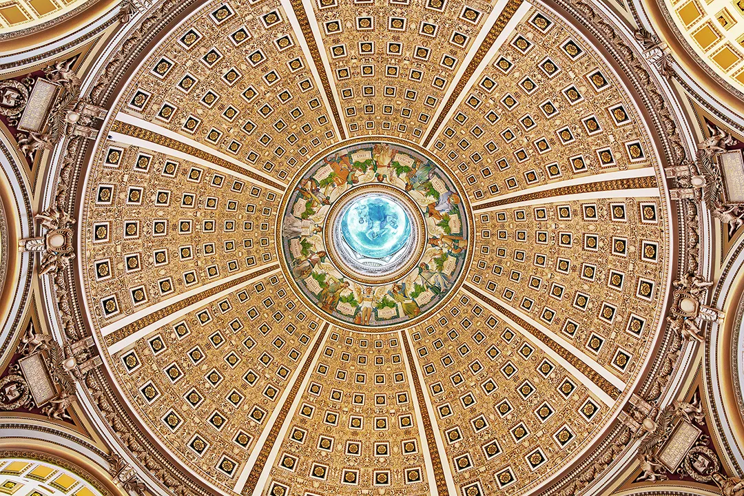 The ceiling of The Library of Congress' Main Reading Room, photographed by Zephyr Ivanisi.